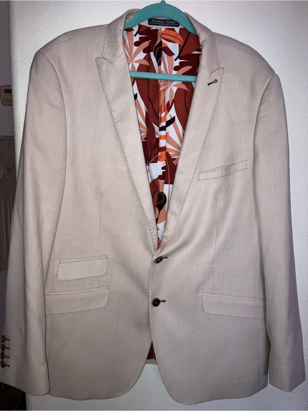 Paisley & Gray Blazer with Bold Rust-Orange Lining Pockets Square Buttons